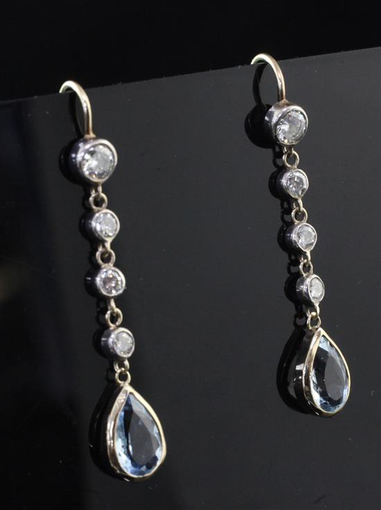 A pair of aquamarine and diamond drop earrings, 1.75in.